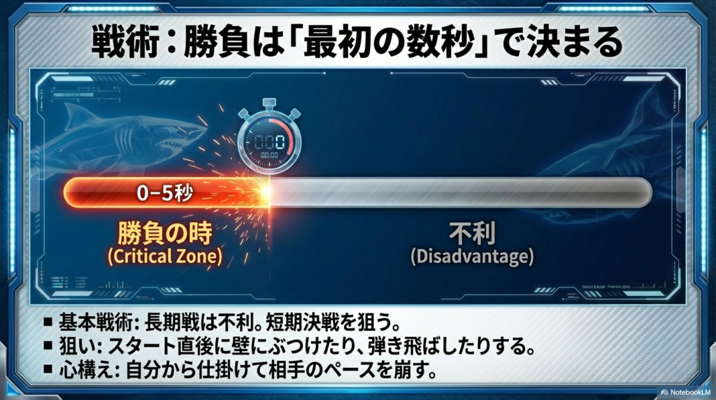 シャークエッジは長期戦が苦手なため、スタート直後の数秒間で相手を弾き飛ばす短期決戦を狙うべきであることを示しています。