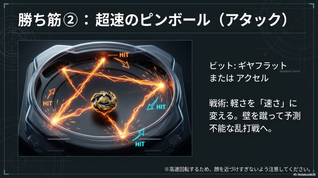 コマの軽さを速さに変えてスタジアムの壁を蹴り、相手が予測できない動きで連続してぶつかっていく攻撃的な戦い方のイメージ図です。