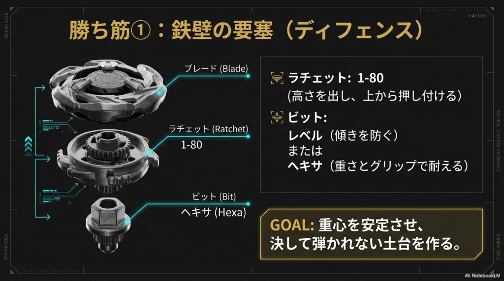コマの高さを出して上から押し付けつつ、重さとグリップ力で踏ん張ることで、決して弾かれない土台を作るおすすめの部品の組み合わせ図です。