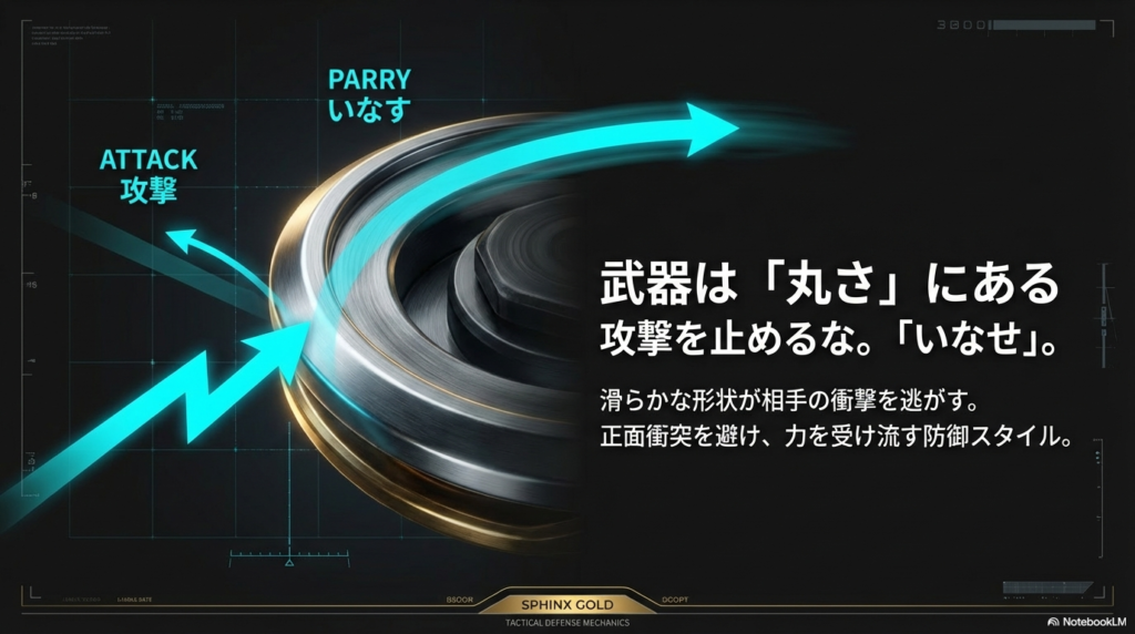 スフィンクスカウルのなめらかで丸い形を利用して、相手の攻撃を正面から受け止めずにうまく力を逃がす防御の仕組みを説明した図です。