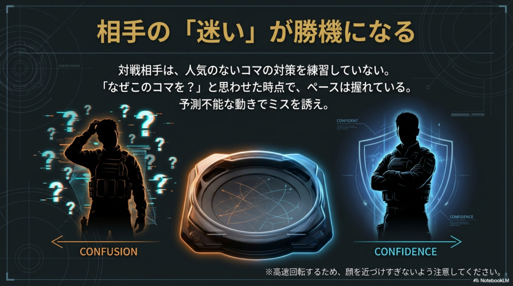 あまり使われないコマを選ぶことで対戦相手を戸惑わせ、予測できない動きで相手のミスを誘って勝つための心理戦のイメージ画像です。