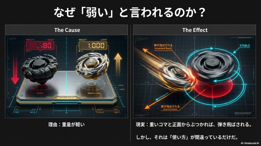 スフィンクスカウルが重いコマと真正面からぶつかると、重さが足りないことが原因で弾き飛ばされてしまう現象をわかりやすく解説した図です。