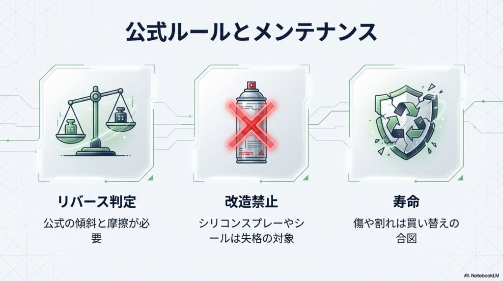 スタジアムの公式ルールと禁止事項 スタジアムへのシリコンスプレー塗布や改造が禁止されている公式ルールとメンテナンス方法についての解説図です。