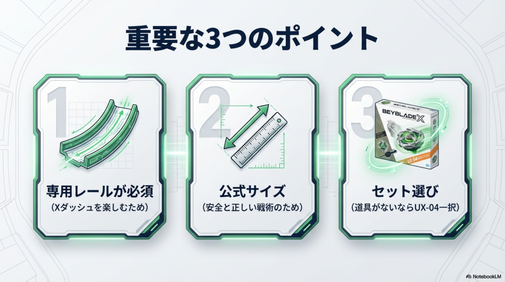 スタジアム選びで重要な3つのポイント 専用レールの有無、公式サイズであること、セット商品の選び方というスタジアム選びで重要な3点をまとめたスライドです。