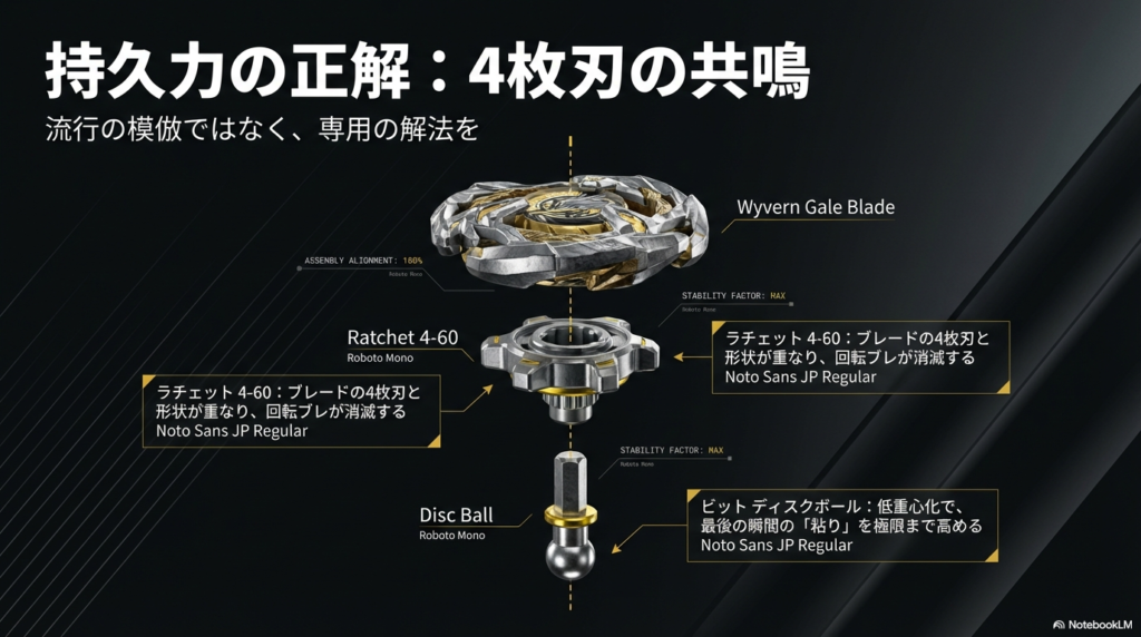 ワイバーンゲイルのブレをなくして長く回る力を高めるためのおすすめパーツ、ラチェット4-60とビットのディスクボールの組み合わせです。 
