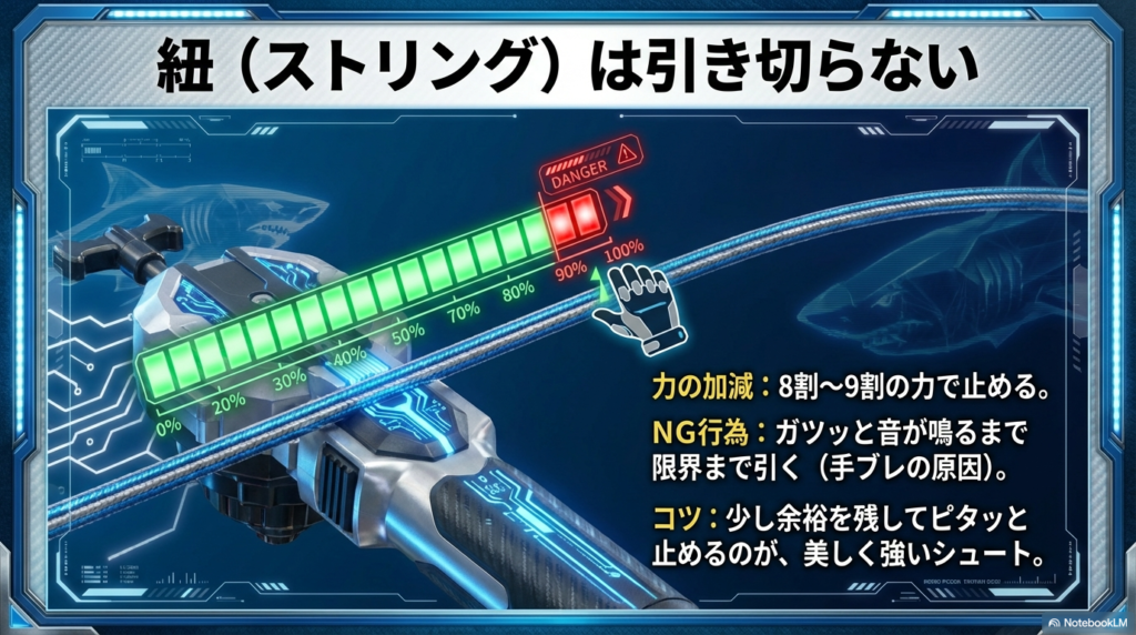 紐を引くタイプのランチャーを使う時は、最後まで引き切らずに8割から9割の力で止めることで手ブレを防ぐコツを図解しています。