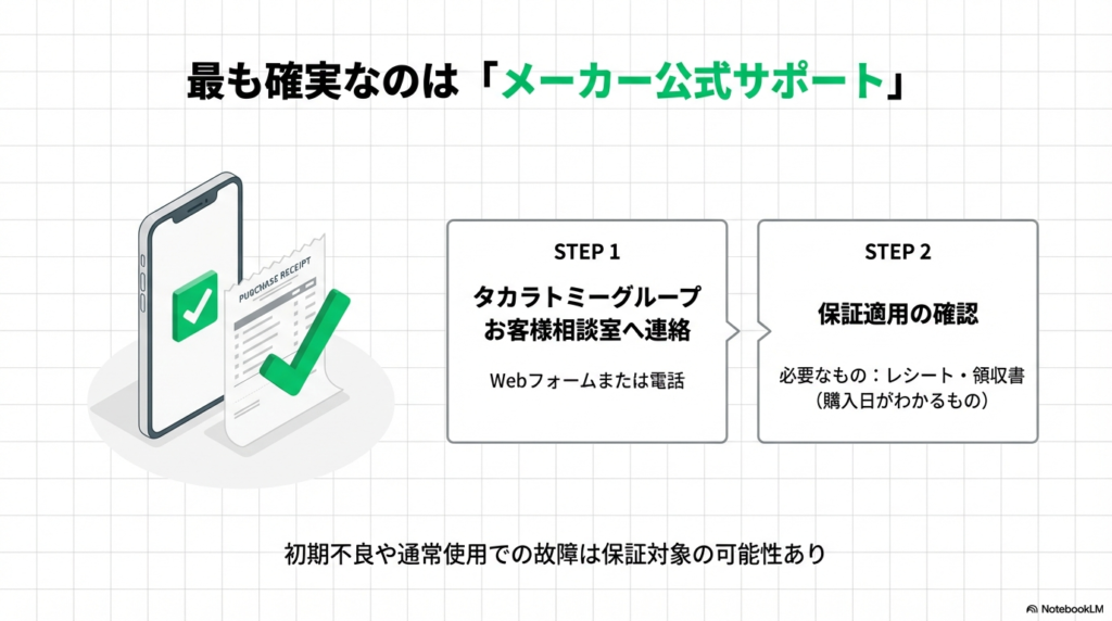 故障した際にタカラトミーグループのお客様相談室へ連絡し、レシートなどの購入証明を用意して保証適用を確認するまでの手順図です。