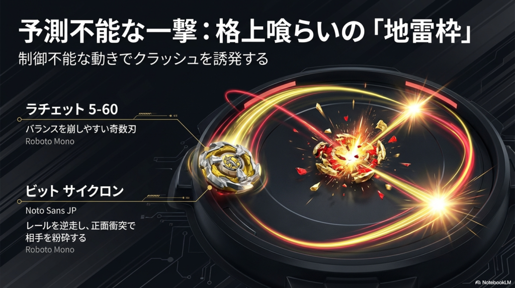 スタジアムのレールを逆走するような予想外の動きで、格上の相手に正面衝突して倒すための特殊な改造、ラチェット5-60とサイクロンの解説です。