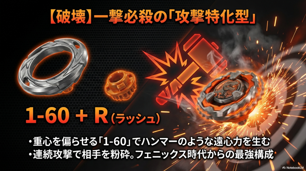 一撃必殺の破壊力を生み出す攻撃特化カスタムとして、重心を偏らせて遠心力を高めるパーツと、細かく連続で攻撃できるラッシュ軸の組み合わせを紹介しています。