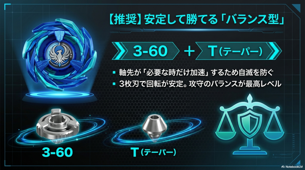 安定して勝つための推奨カスタムとして、必要な時だけ加速するテーパー軸と、回転がブレにくい3枚刃のパーツを組み合わせた構成を紹介しています。