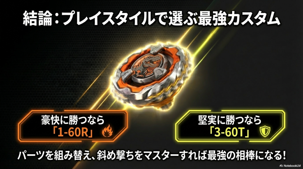 記事のまとめとして、豪快に攻めたいなら1-60R、堅実に勝ちたいなら3-60Tといったように、自分の戦い方に合わせてパーツを選ぶ重要性を伝えています。