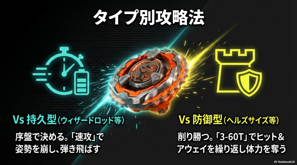 長く回る持久型には序盤の速攻で決着をつけ、守りが固い防御型には何度もぶつかって体力を削り勝つという、相手に合わせた2つの戦い方を解説しています。