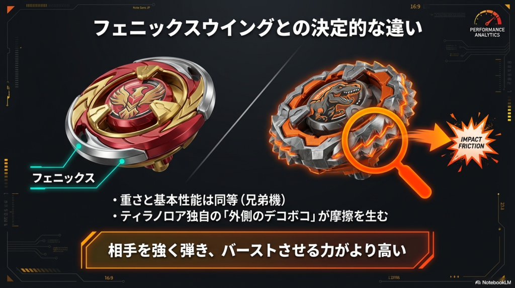 ティラノロアとフェニックスウイングの違いについて、外側の刃のデコボコが摩擦を生み出し、相手をより強く弾き飛ばすという特徴を図解しています。