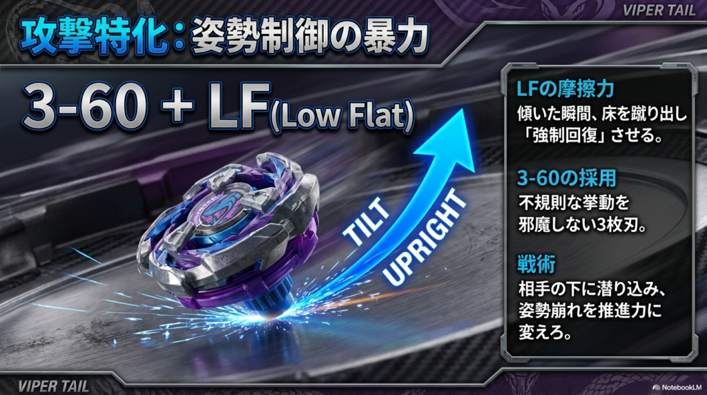 低い姿勢で相手の下に潜り込み、傾きを活かして床を蹴り出し、強制的に姿勢を立て直す攻撃特化の改造を解説したスライド。