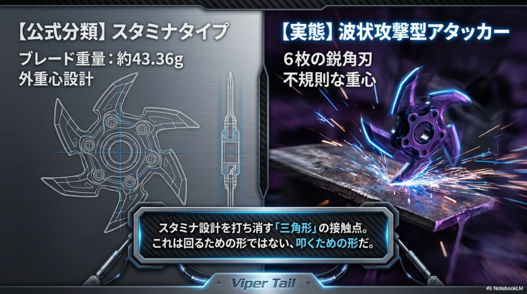6つの鋭い刃と不規則な重さのバランスによって、相手を連続で叩く攻撃的なコマとして機能することを解説したスライド。