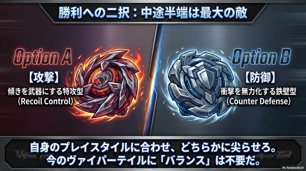 中途半端なバランス型にするのは避け、自分のプレイスタイルに合わせて攻撃か守りのどちらかに特化させることが重要だとまとめたスライド。