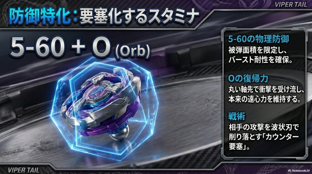 コマが弾け飛ぶのを防ぐパーツを選び、丸い軸先で相手の攻撃を受け流しながらカウンターを狙う守り重視の改造を解説したスライド。