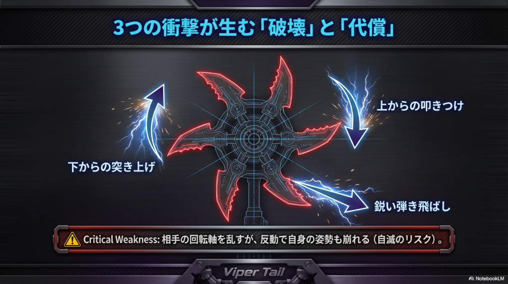 下からの突き上げ、上からの叩きつけ、鋭い弾き飛ばしという3つの衝撃で相手を崩す仕組みと、その反動で自分も倒れやすくなるリスクを図解したスライド。