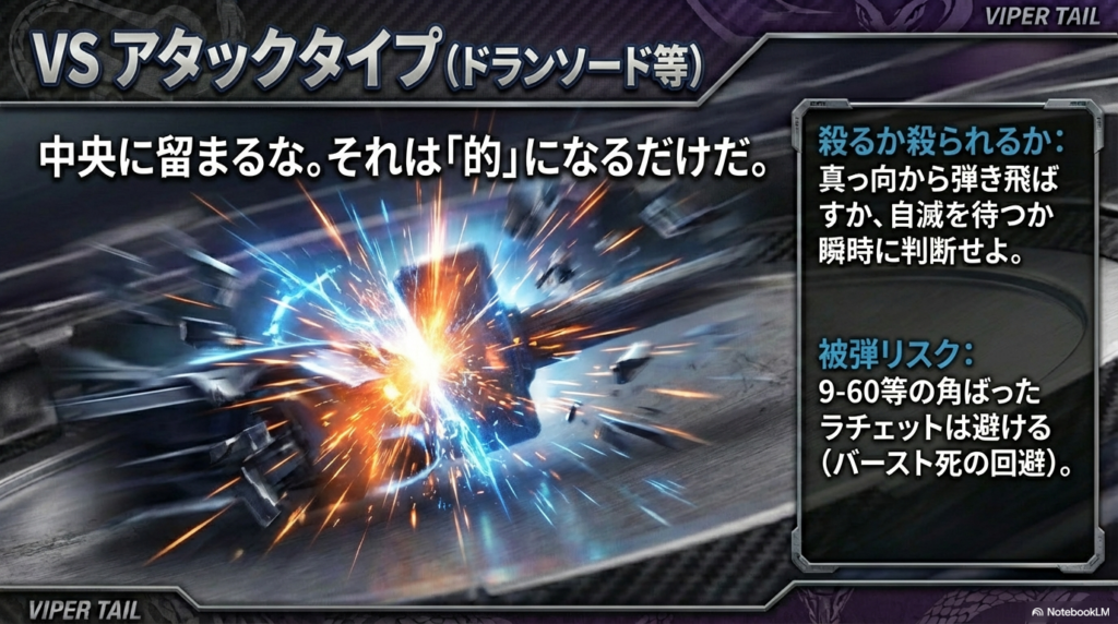 強力な攻撃を仕掛けてくる相手に対しては、中央にとどまって的になるのを避け、真っ向から弾き飛ばすか自滅を待つかの判断が必要であることを解説したスライド。