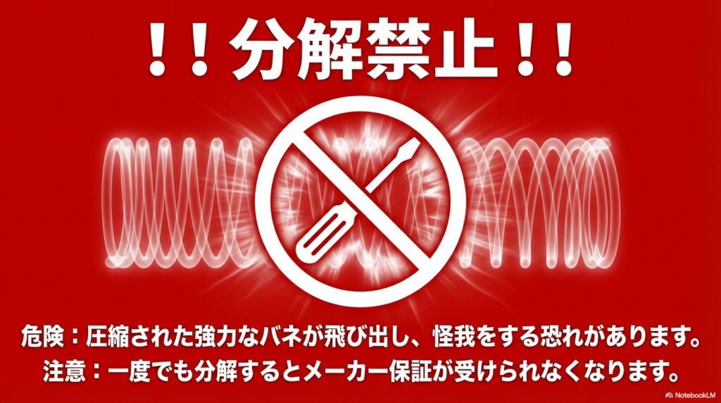 内部には圧縮された強力なバネが入っており、分解すると飛び出して怪我をする恐れがあることや、保証が受けられなくなるリスクを警告しています。