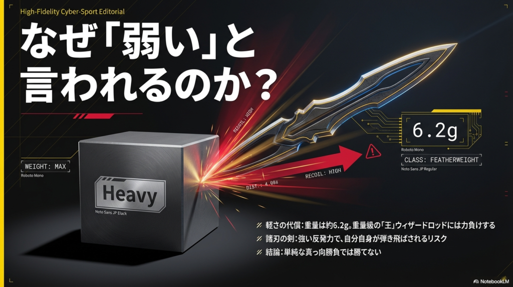 ワイバーンゲイルの重さが約6.2グラムと非常に軽く、重量のあるコマとの単純なぶつかり合いでは不利になってしまう理由を図解しています。 