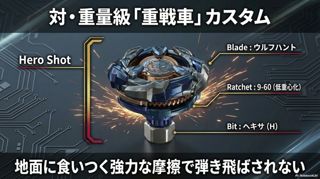 ウルフハントの対・重量級の重戦車カスタム構成 ウルフハントに「9-60」の中間パーツを合わせて重心を低くし、「ヘキサ」の軸先の強力な摩擦で地面に食いつき、重い攻撃でも弾き飛ばされないようにした重戦車カスタムを示すスライド画像。