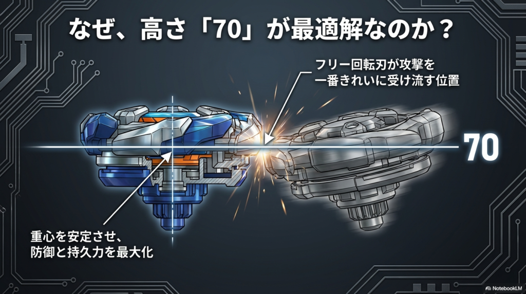 ウルフハントに高さ70の部品がおすすめな理由 コマの高さを「70」に設定することが、フリー回転する刃で相手の攻撃を一番きれいに受け流し、重心を安定させて防御力と持久力を高める最適な位置であることを図解したスライド画像。