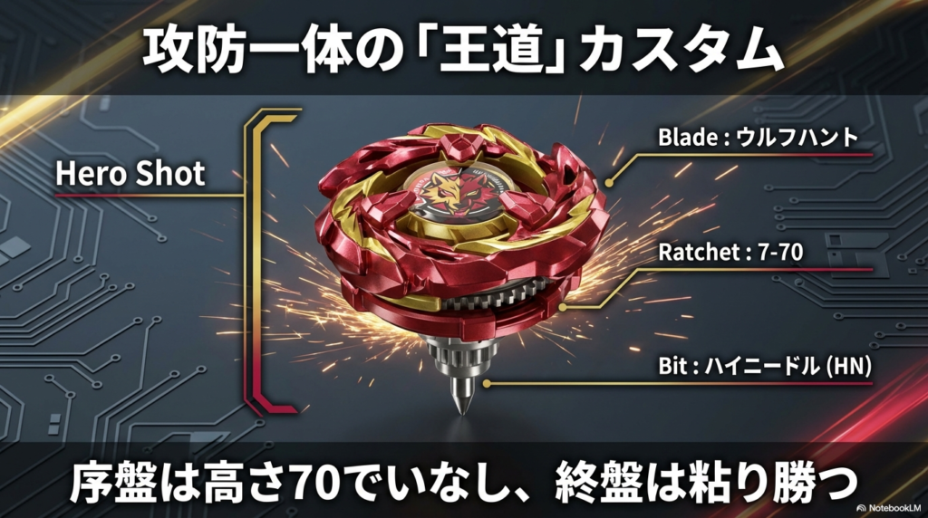 ウルフハントの攻防一体の王道カスタム構成 ウルフハントのブレードに「7-70」の中間パーツと「ハイニードル」の軸先を組み合わせることで、序盤は攻撃を受け流し、終盤に粘り勝つ攻防一体の王道カスタムを示すスライド画像。