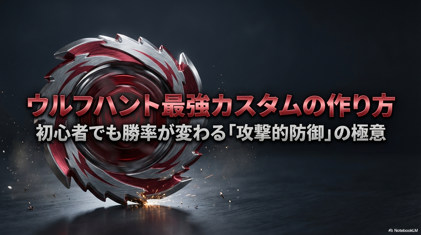 ベイブレードXのウルフハントについて、初心者でも勝率が上がる「攻撃的防御」の極意や最強カスタムの作り方を解説したスライドの表紙画像。