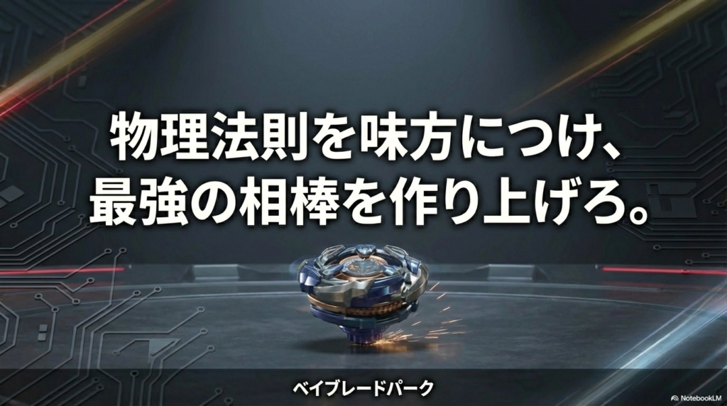 物理法則を味方につけ、最強の相棒を作り上げろ 「物理法則を味方につけ、最強の相棒を作り上げろ。」という力強いメッセージが書かれた、記事の締めくくりとなるベイブレードパークのスライド画像。