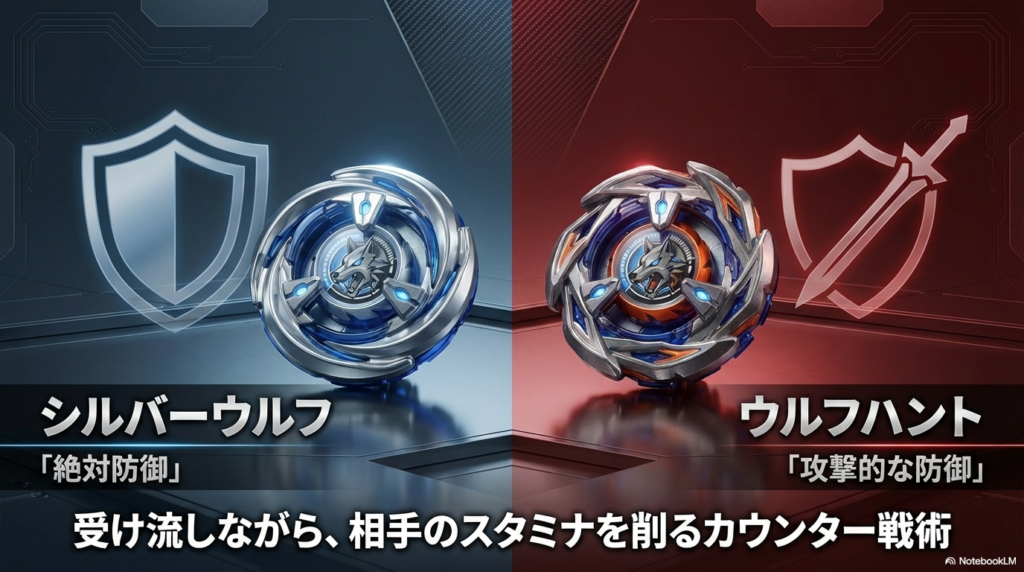 シルバーウルフとウルフハントの性能の違い 相手の攻撃を防ぐことに特化したシルバーウルフに対し、ウルフハントは攻撃を受け流しつつ相手のスタミナを削る「攻撃的な防御」が特徴であることを比較したスライド画像。