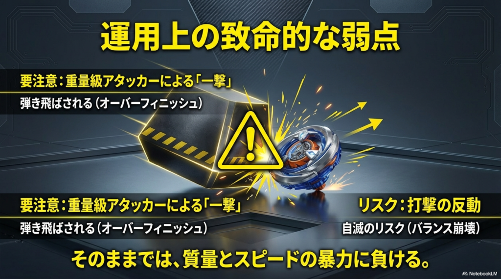 ウルフハントの運用上の致命的な弱点 ウルフハントは、重量級のコマによる重い一撃でスタジアムの外へ弾き飛ばされたり、自分から攻撃した反動でバランスを崩して自滅してしまうリスクがあることを警告するスライド画像。