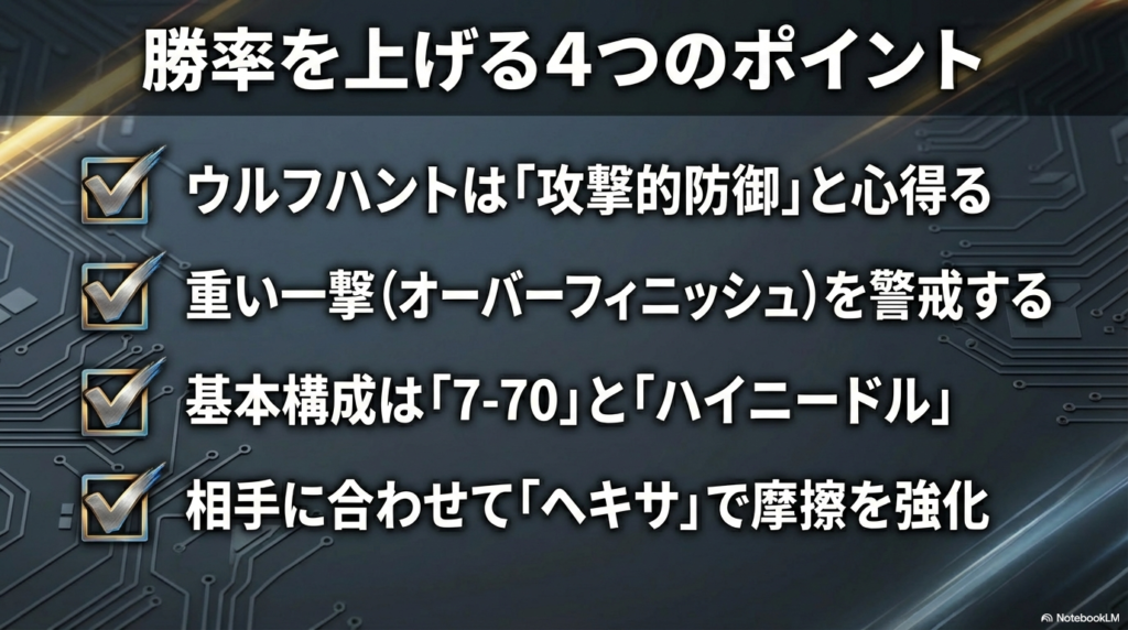 ウルフハントで勝率を上げる4つのポイント ウルフハントを使う際に意識すべき「攻撃的防御」の考え方、重い一撃への警戒、基本構成の選び方、そして相手に合わせたパーツ変更という、勝率を上げるための4つのポイントをまとめたスライド画像。