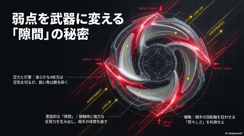 ワイバーンゲイルの滑らかな4枚の刃と、意図的に作られた隙間が相手の回転を狂わせ、体勢を崩す仕組みを説明しています。 