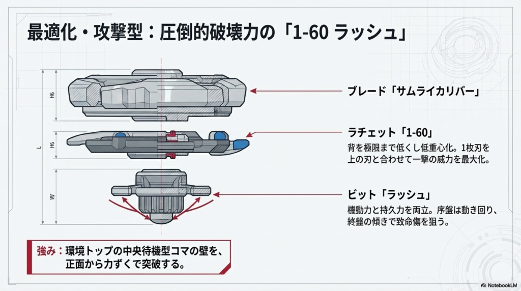 攻撃特化カスタム 1-60ラッシュ 圧倒的な破壊力で相手の守りを正面から打ち破る、攻撃に特化したパーツ構成の紹介です。