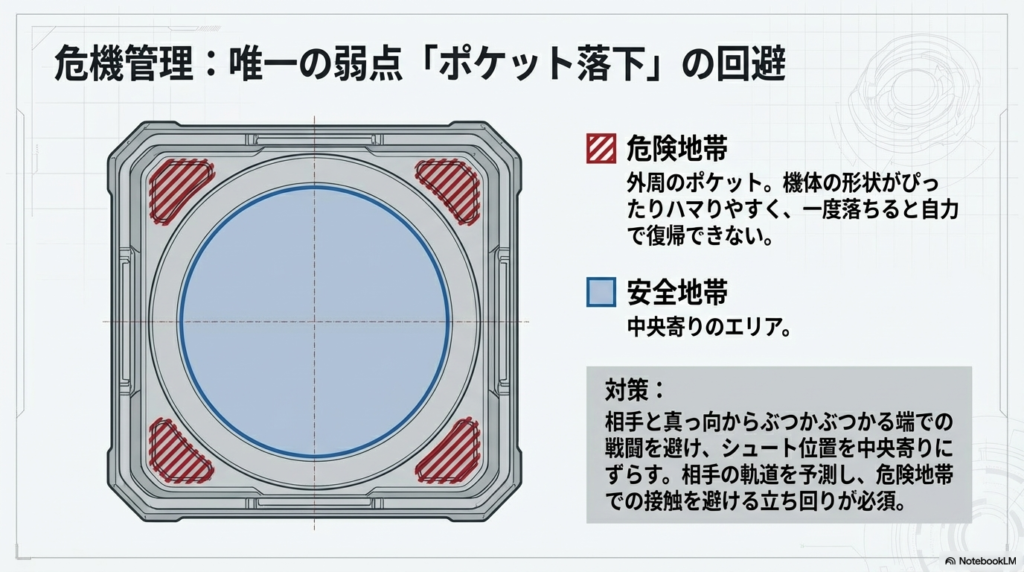 ポケット落下の回避方法 唯一の弱点であるスタジアム外側の穴への落下を防ぐため、安全な場所と危険な場所を把握して戦う対策図です。