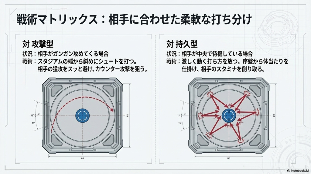 相手に合わせた戦術マトリックス 相手のコマのタイプに合わせて、スタジアム内での動き方やコマの打ち方を柔軟に変える戦術を図解しています。