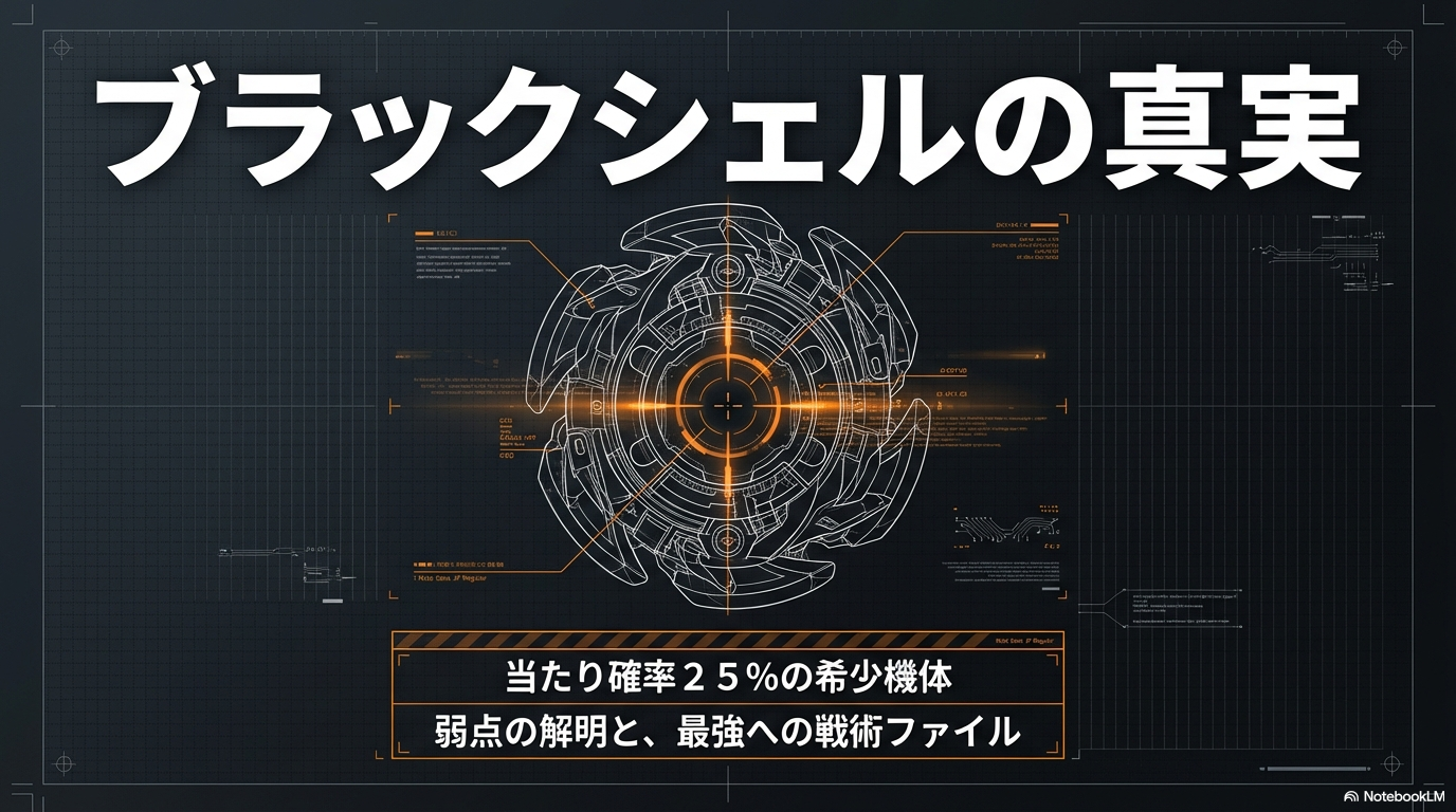 ベイブレードXのブラックシェルの隠された真実と、当たり確率25%の希少なコマを最強にするための戦術ファイルの表紙画像です。