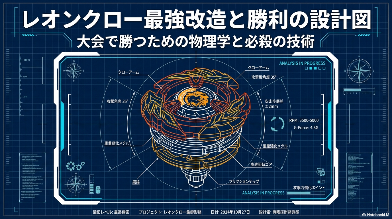 レオンクローを最強の構成に仕上げるための設計図です。攻撃角度35度のクローアームや重量を強化したメタルパーツ、高速回転を支えるコアなど、細部まで計算された各部品の役割を図解しています。