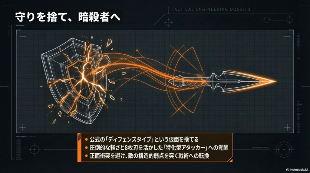 ブラックシェルの公式タイプであるディフェンスとしての役割を捨てて、軽さと刃の形状を活かした特化型の攻撃機として運用し、相手の弱点を突く戦術への変更を提案する画像です。 