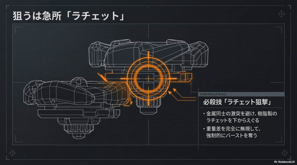 金属同士のぶつかり合いを避け、相手のプラスチック製パーツであるラチェットを下から直接狙うことで、重量の差を無視してバースト勝利を奪う戦術を解説した画像です。 