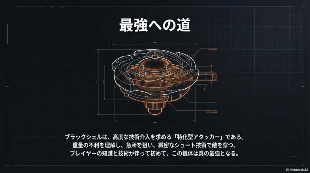 ブラックシェルは軽さの不利を理解し、相手の急所を狙う正確なシュート技術が合わさって初めて最強になるという、特化型アタッカーとしてのまとめの画像です。 