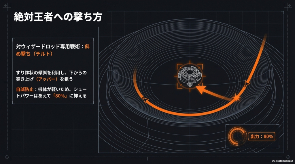 強力なウィザードロッドを倒すために、スタジアムの傾斜を利用して下から突き上げる斜め撃ちのコツと、自滅を防ぐためにシュートの強さを80パーセントに抑えるポイントを解説した画像です。