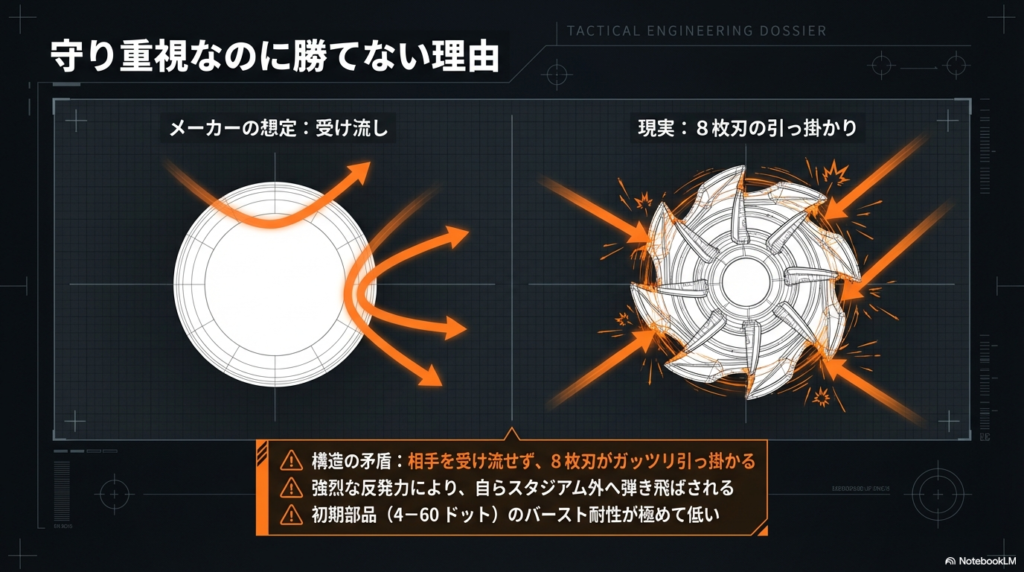 メーカーは攻撃を受け流すことを想定していましたが、実際は8つの刃が引っ掛かり、強い反発力で自らスタジアム外に弾き飛ばされやすいという構造の矛盾を図解した画像です。 