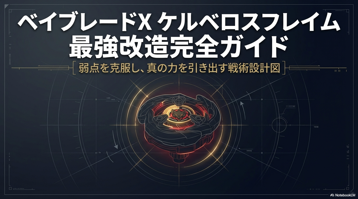 ベイブレードXのケルベロスフレイムの隠された力を引き出し、弱点を克服するための戦略をまとめた最強改造完全ガイドの表紙です。