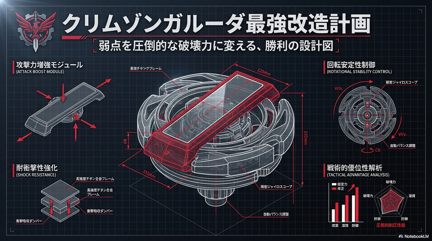 クリムゾンガルーダの全体的な構造と、攻撃力や守りの力を高めるための改造ポイントをわかりやすくまとめた図解です。