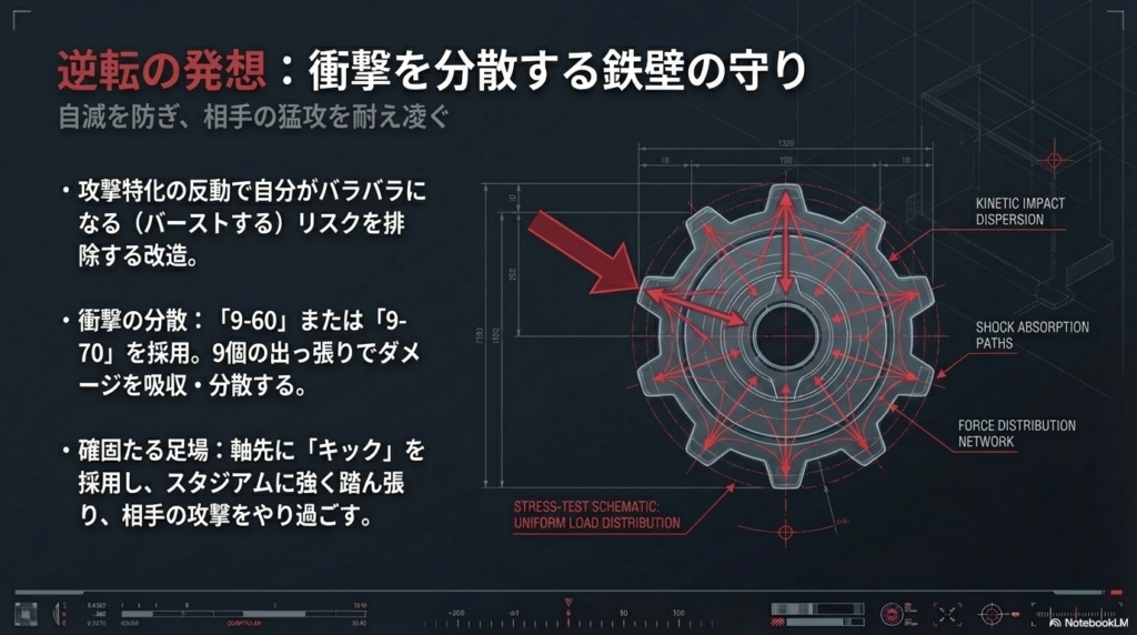 衝撃を分散させる守りの改造 出っ張りがたくさんあるパーツを使うことで、相手から受けた激しいダメージを分散させ、自分がバラバラに壊れるのを防ぐ仕組みの図解です。