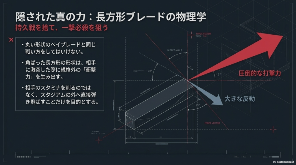 四角い形が生み出す強力な打撃力 ベイブレードが相手にぶつかった時、四角い角の部分が相手を外へ強く弾き飛ばす大きなパワーを生み出す様子を表した図です。