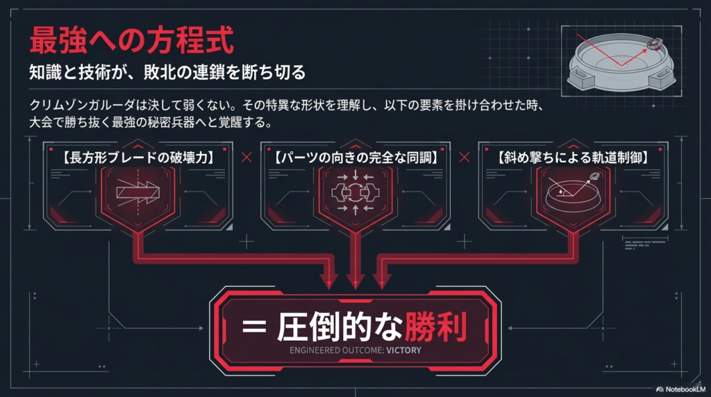 クリムゾンガルーダで勝つための3つの法則 刃の破壊力、パーツの向き合わせ、斜め撃ちの3つを組み合わせることで、大会でも圧倒的な勝利をつかめることを示したまとめのスライドです。