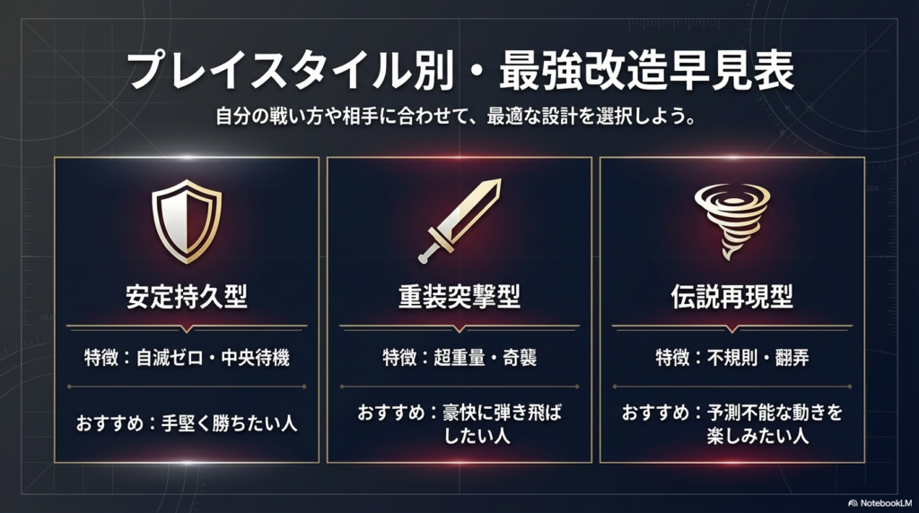 安定持久型、重装突撃型、伝説再現型の3つの改造について、それぞれの特徴とおすすめのプレイヤーをひと目でわかる表にまとめています。